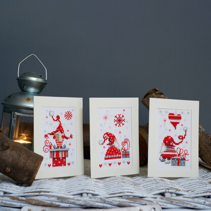 Vervaco Christmas Gnomes Cards Set (3pcs) Cross Stitch Kit - 10.5cm x 15cm