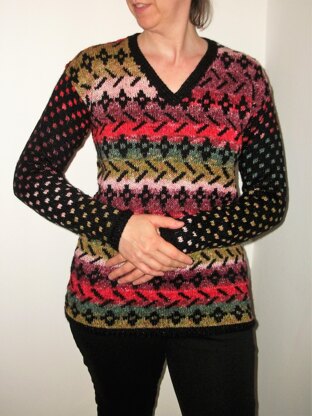 Kaleidoscope - V Neck Tunic Sweater with 2 Tone Fair-Isle Patterning