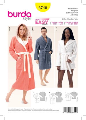 Burda Bath Robes Sewing Pattern B6740 - Paper Pattern, Size XS-XL