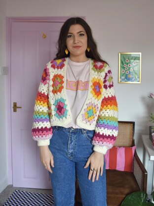 Aran granny squares and stripes cardigan