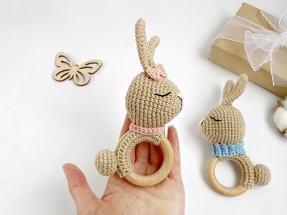 Crochet bunny pattern baby rattle toy Amigurumi rabbit teether