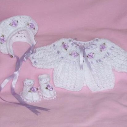 Matinee Coat, Bonnet and Shoes size Prem or 15 inch doll