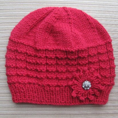 Red Hat in Waffle Stitch with a Knit Flower for a Lady