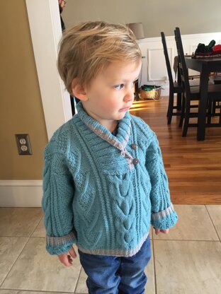 Wes’s cable pattern sweater with shawl collar