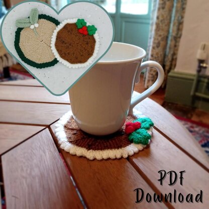 PDF Christmas Knitting Pattern DK Coasters Coffee Tea Gift Set Charity EASY Christmas Pudding Holly Mistletoe Christmas Eve Feliz Navidad