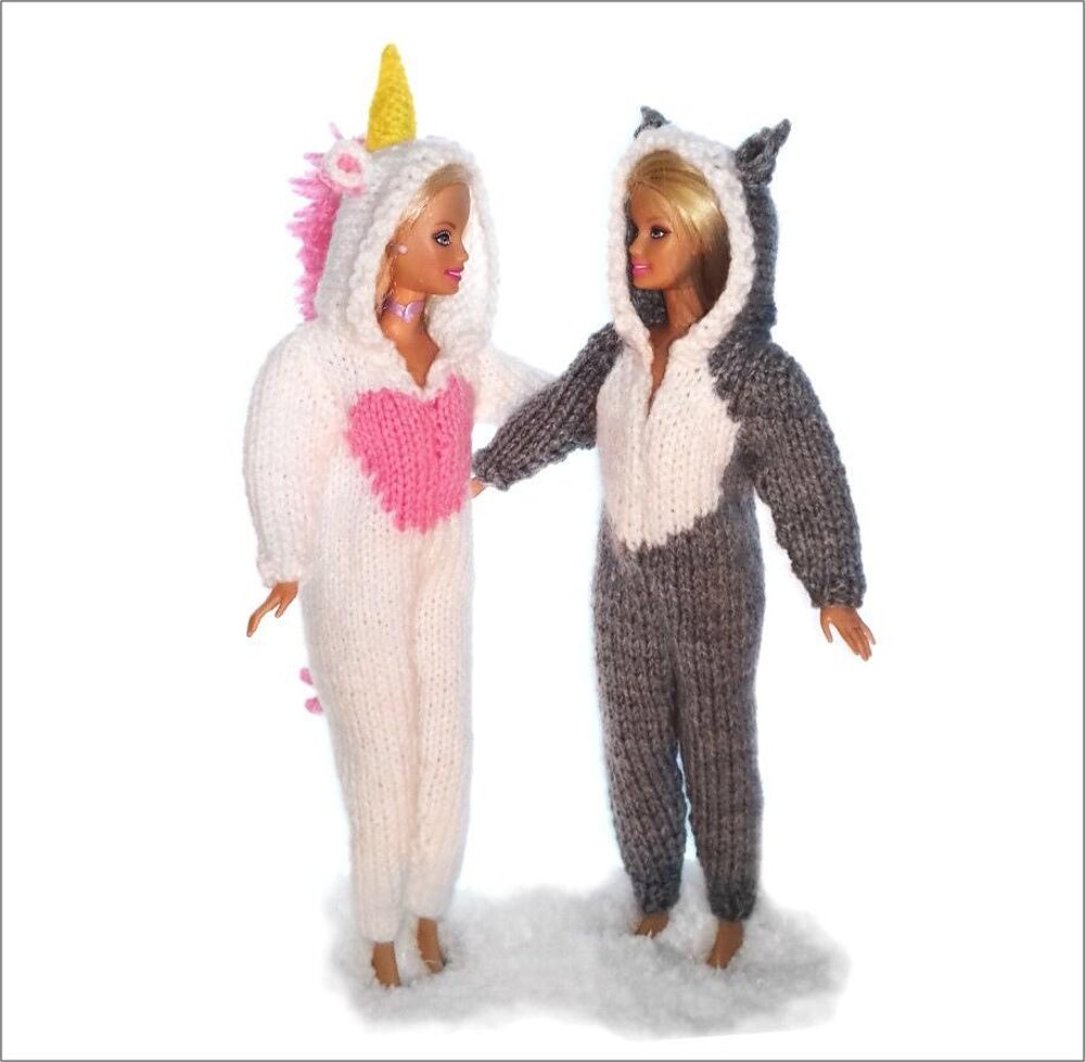Unicorn & Cat onesie for Barbie, 11-12 doll Knitting pattern by