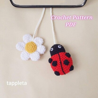 Ladybug and Daisy car mirror hanger crochet pattern, Crochet ladybug and flower charm, car decoration