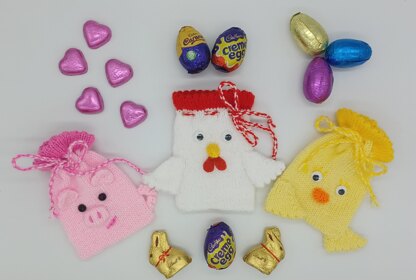 PDF Easter Knitting Pattern DK Farmyard Chocolate Creme Egg Treat Bags Gift Charity knit EASY Easter Egg Hunt Chick Pig Chicken mini eggs