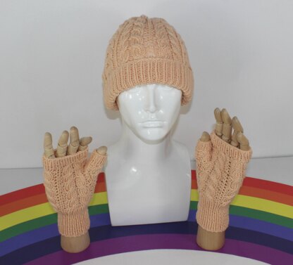Adult Teen Aran Double cable Beanie Hat & Fingerless Gloves Circular