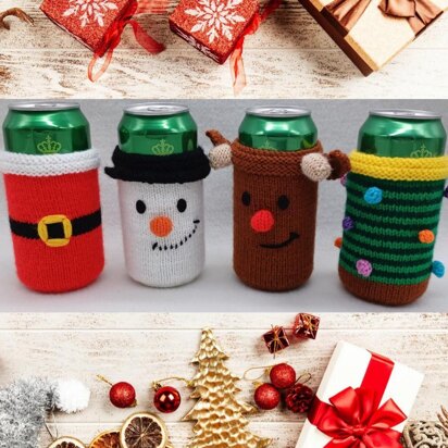 PDF Christmas DK knitting pattern - Can Sleeve Koozie/Cosy/Sleeve/Coozie - Easy to Follow Novelty Gift - Knitting-Xmas Reindeer Snowman Christmas Tree Santa