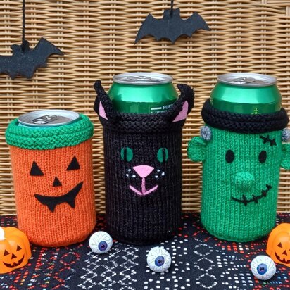 PDF Spooky DK Halloween knitting pattern Can Sleeve Koozie/Cosy Gift NOVELTY Treat Cup.  Pumpkin/Frankenstein/Witch's Cat