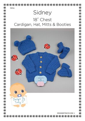 Sidney unisex baby knitting pattern cardigan, hat, mitts and booties 0-6mths