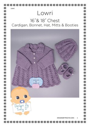 Lowri baby matinee, hat, shoes booties and mitts 16" and 18" chest