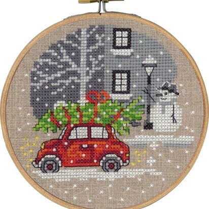 Permin Red Fiat Cross Stitch Kit (with hoop) - 13cm