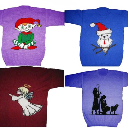4 x Plus Size Christmas Jumper Knitting Patterns #14 Elf Angel Scene Bird - knitting pattern