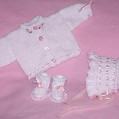 Ref 06 prem or doll size 15" Cardi Bonnet and Booties - knitting pattern