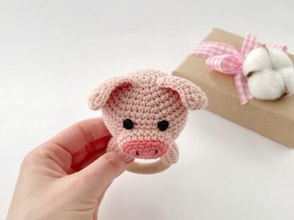 Pig crochet pattern baby rattle toy Amigurumi teether ring
