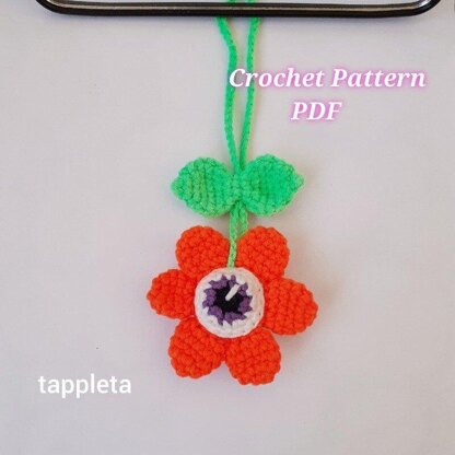 Eyeball daisy charm crochet pattern, Halloween car hanger, Spooky daisy rear view mirror car, Crochet chain flowers car decor, bag accessory