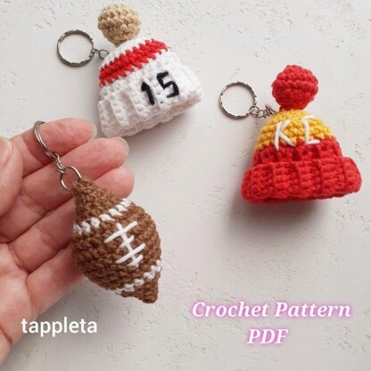 Football fan Kansas City keychains crochet pattern Chiefs mini hat crochet Red striped beanie hat Football crochet keyring Super bowl favors