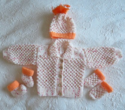 Cardigan, hat, mitts and bootees