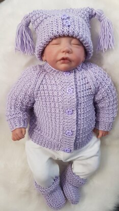 Rhys Baby Cardigan, Hat & Booties knitting pattern Unisex 0-12mths