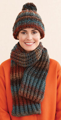 Rustic Ribbed Hat and Scarf in Lion Brand Tweed Stripes - L0611J