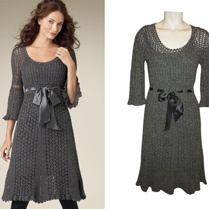 Crochet classy lacy midi dress with flare sleeves 3/4 and scalloped edge.