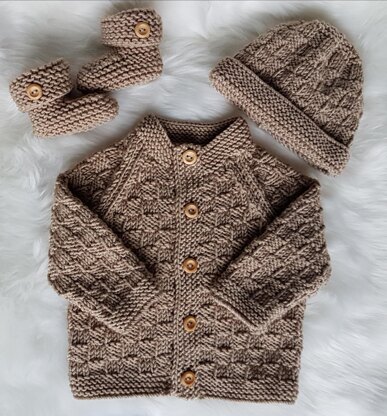 Thomas Baby Cardigan, Hat & Booties knitting pattern to fit 16" chest.