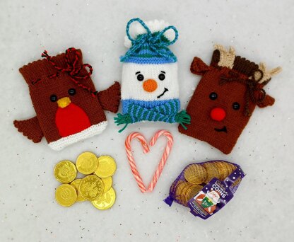 PDF Christmas DK Knitting Pattern Decoration Chocolate Coin Bags Gift Charity knit EASY Christmas Eve Box Robin Snowman Reindeer