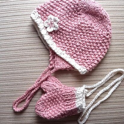 Organic Cotton Set Hat and Mittens For a Girl 12-18 months - knitting pattern
