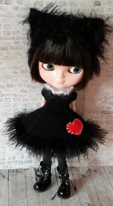 Lucky Black Kitty dress and headband for 12" Blythe