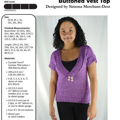 Buttoned Vest Top in Cascade Yarns Cantata - A346 - Downloadable PDF