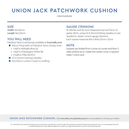 Union Jack Patchwork Cushion - Free Knitting Pattern for Home in Paintbox Yarns Simply Aran by Paintbox Yarns