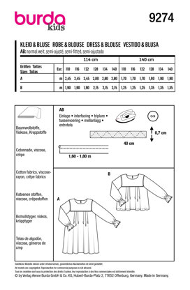 Burda Style Children's Dress, Blouse with Yoke – Loose Drape B9274 - Paper Pattern, Size 5-10 (110-140)