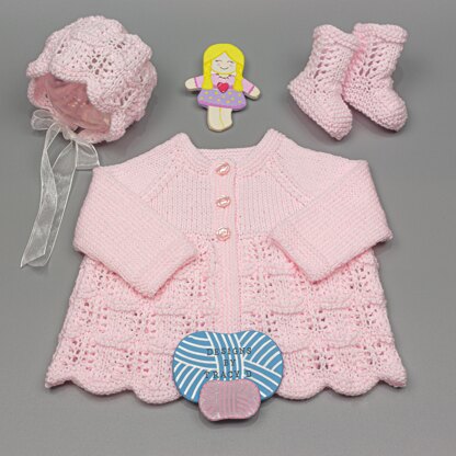 Bella baby Matinee, Bonnet, booties and mitts knitting pattern