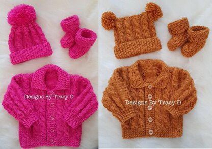 Brooklyn baby knitting pattern cardigan, hats and booties 0-3 mths & 6-12m