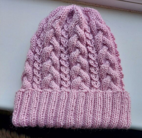 Pink wool/alpaca cabled hat